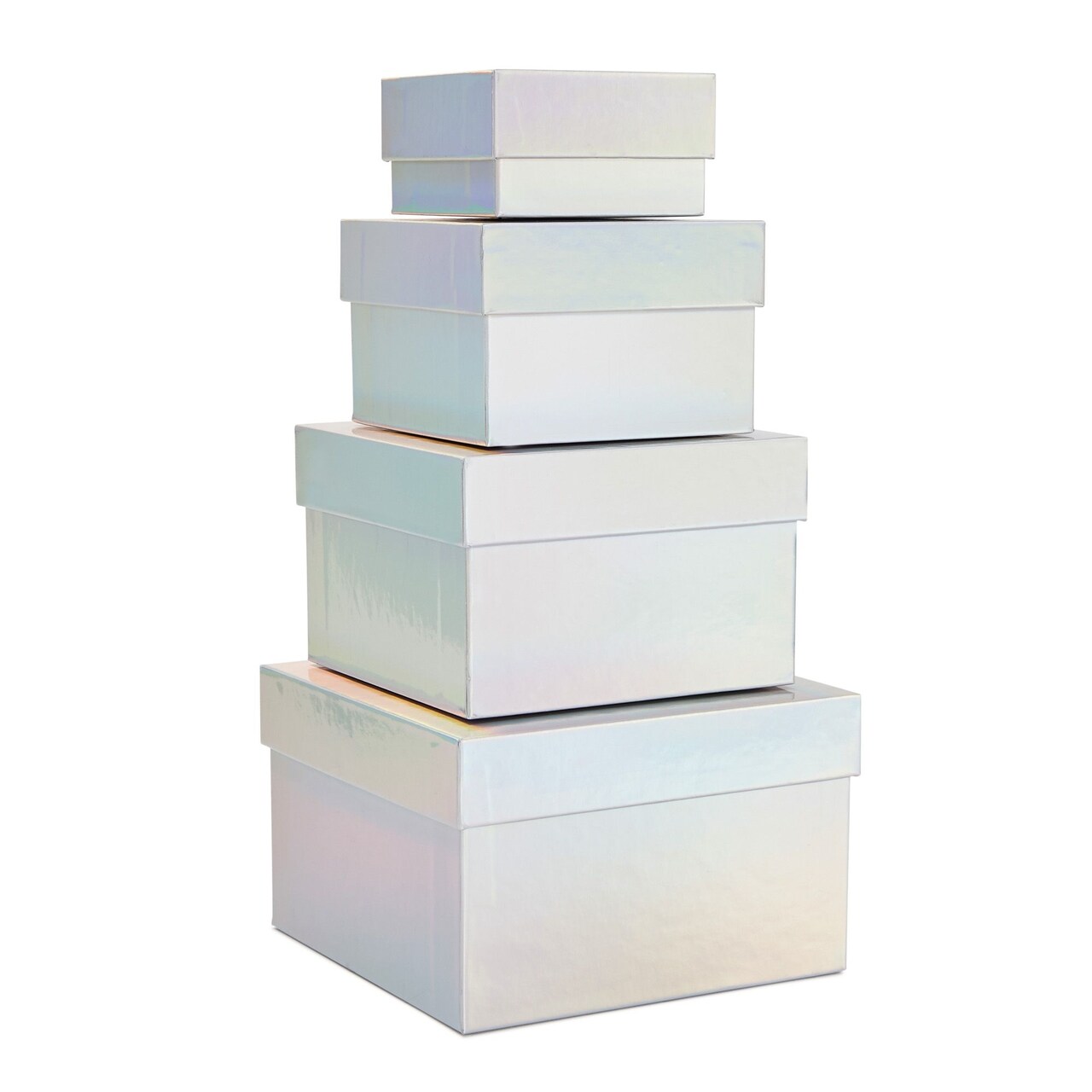Stockroom Plus Set of 4 Sizes Square Nesting Gift Boxes with Lids for Presents, Decorative Goodie Box for Holidays, Wedding, Birthday, and Party Favors (Holographic Silver)